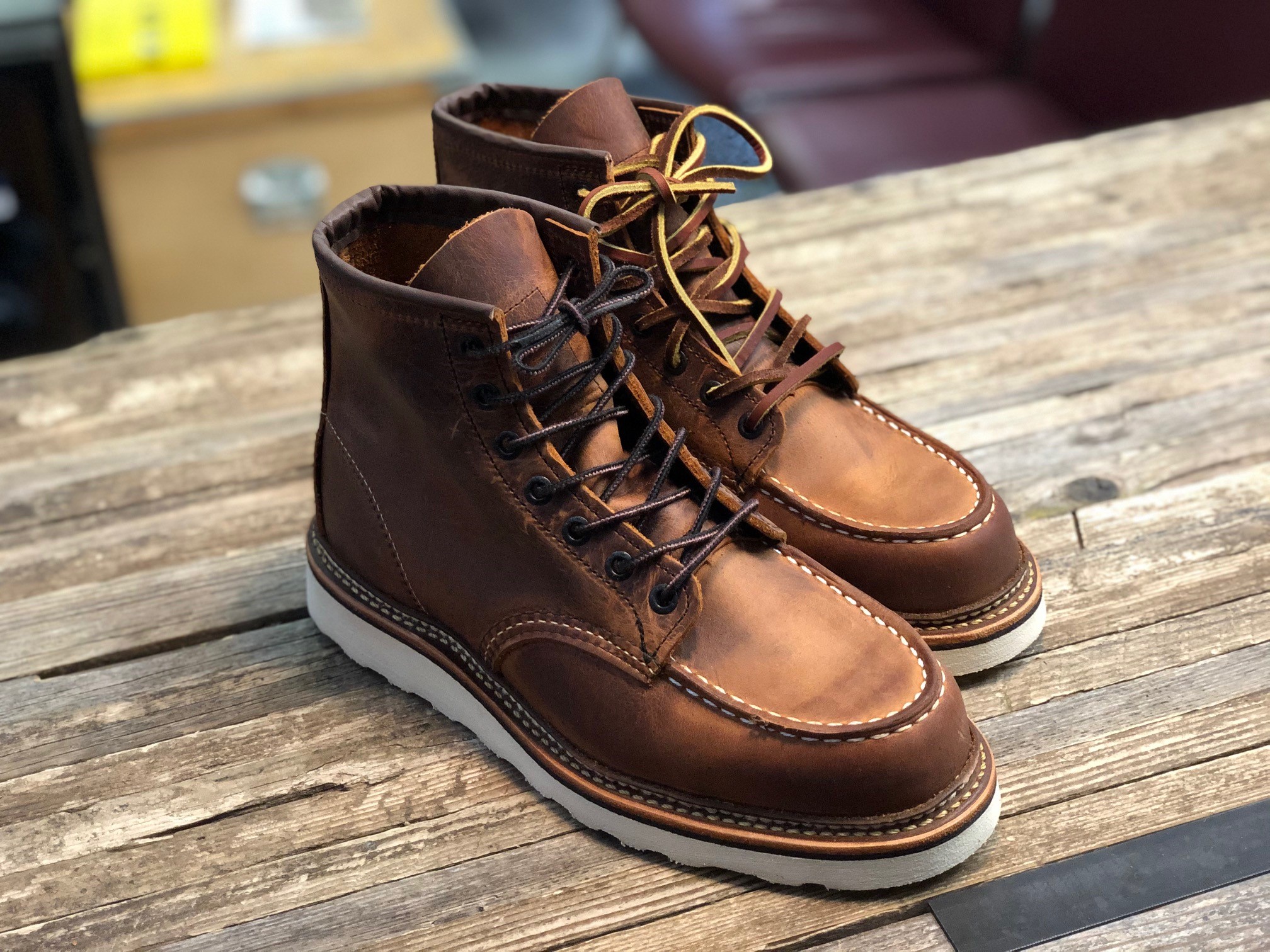 red wing classic moc on feet